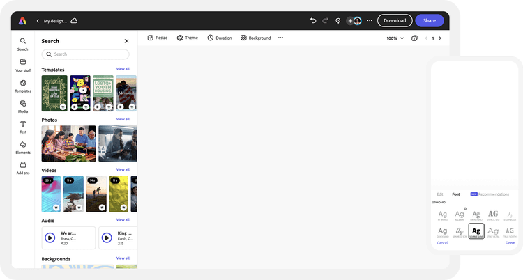 Adobe Express's video template selection and editor